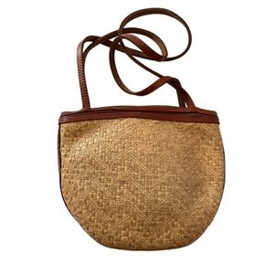 Vintage 80s Woven Straw Leather Trimmed Shoulderbag Brown Tan Double Straps
